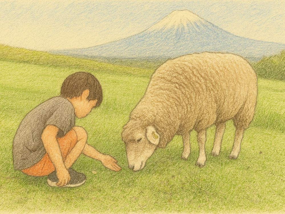 羊にエサをあげる子供のイラスト