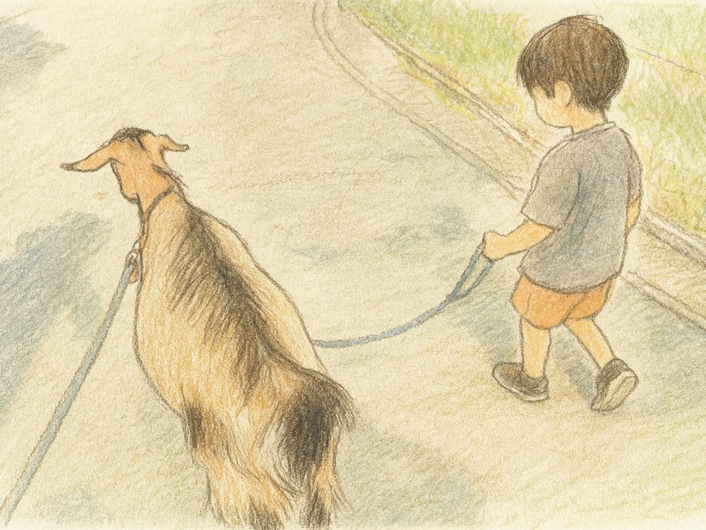 子どもとお散歩するヤギのイラスト