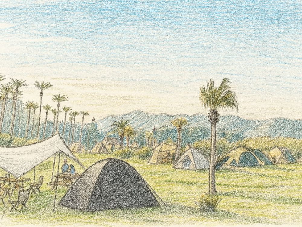 ヤシの木とテントが並ぶ絵