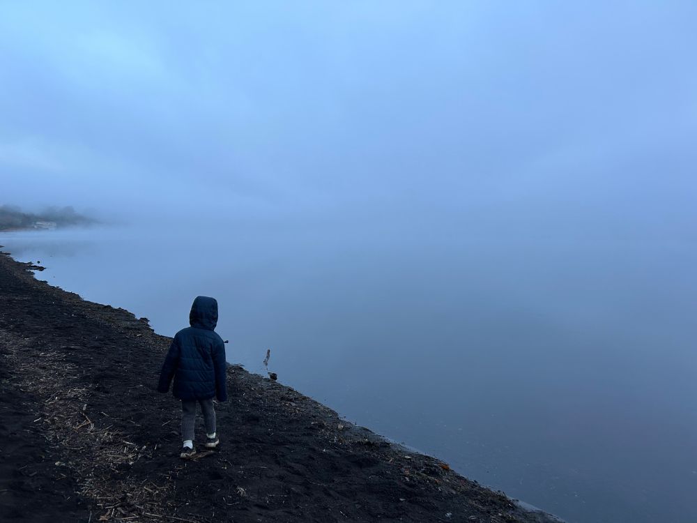霧で真っ白な山中湖